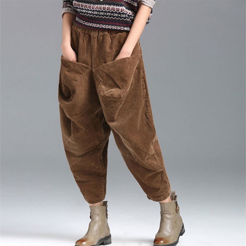 Spring Autumn Arts Style Women Elastic Waist Loose Cotton Corduroy Pants Plus Size Femme Vintage Harem V43 210512
