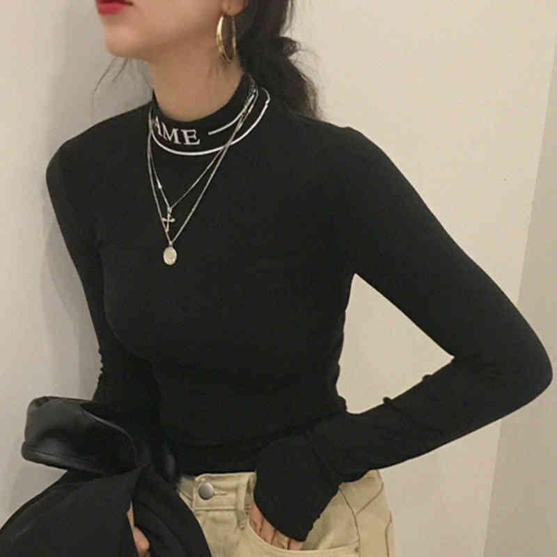 Nomikuma Korean Letters Turtleneck Women T Shirts Stretch Slim Autumn Winter Warm Bottom Tee Tops New Sexy Tshirt 6C718 210427