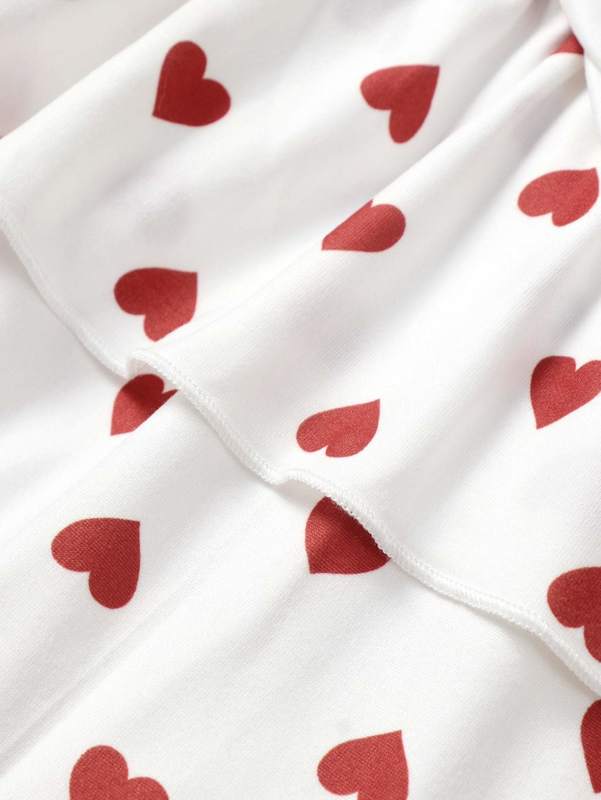 Baby Heart Print Ruffle Sleeve Bow Front Layered Hem Dress SHE