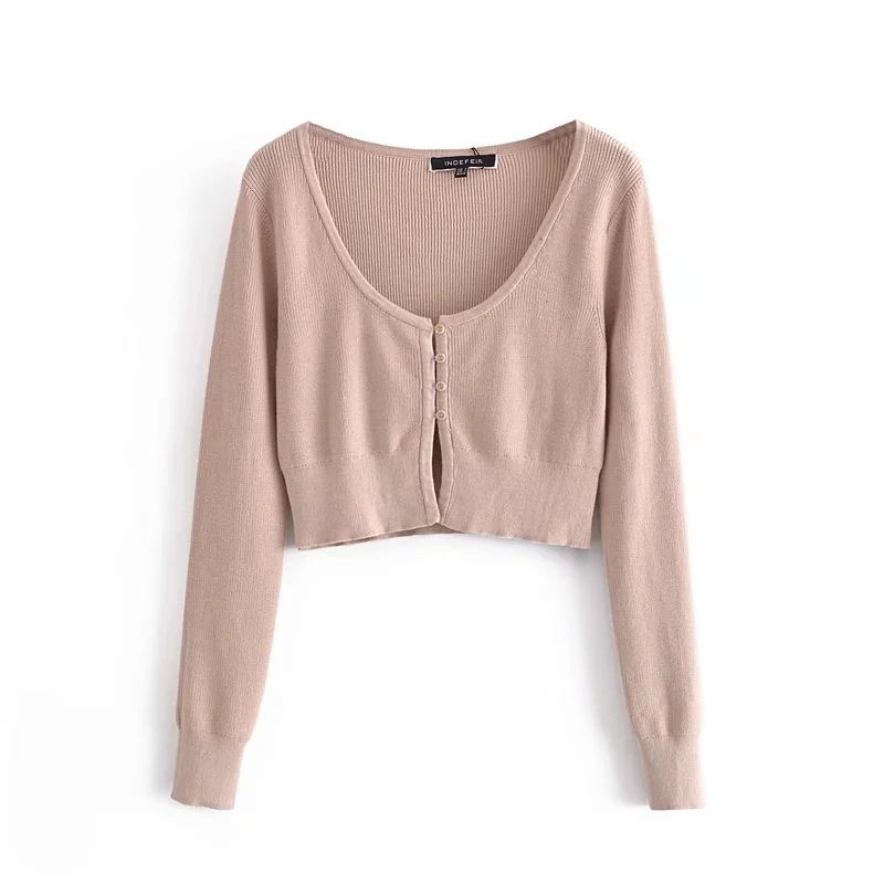 Women Fashion Solid Long Sleeve Cardigan Spring Square Colalr Crop Knit Top Buttons Short Sweater Elegant Female Chic Tops 210521wtt