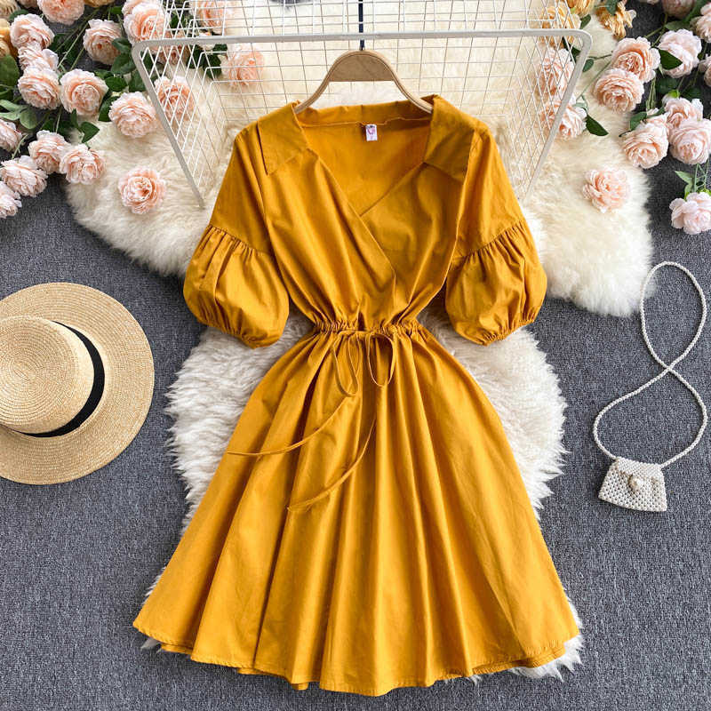 Korean Drawstring Lace Up Slim Waist Woman Dress Causal Puff Sleeve Elegant Dresses Solid Vestidos Mujer 6H530 210603
