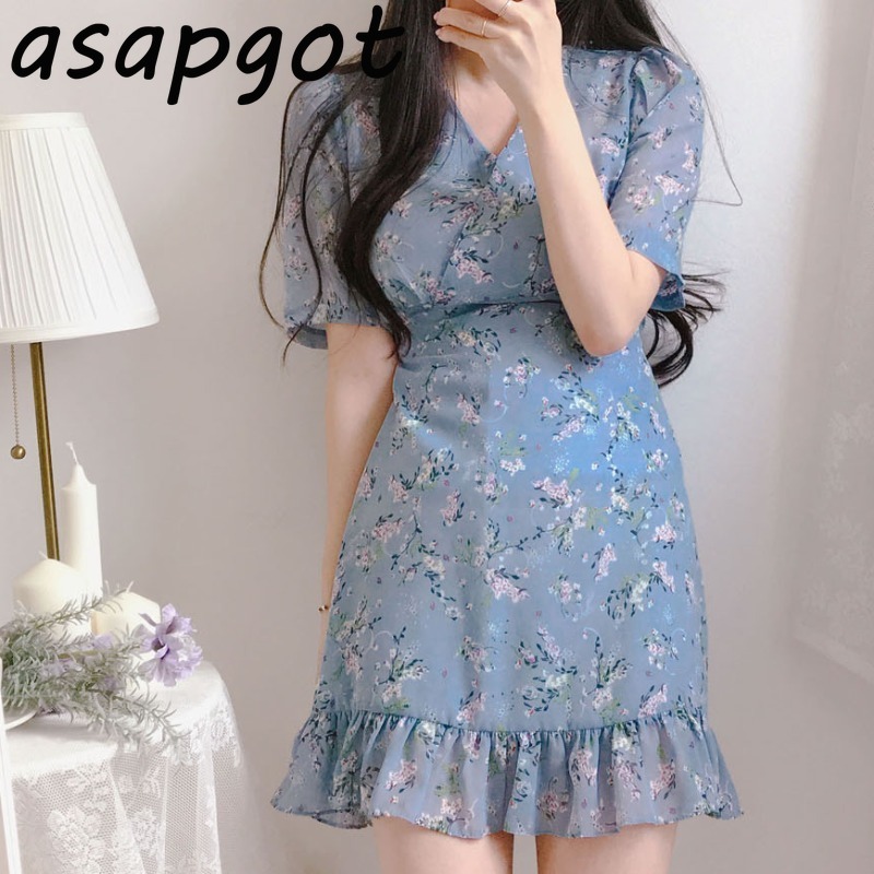 Korean Chic Fresh V Neck Lace Up Chiffon Floral Dress Women Mini Short Sleeve Ruffles Mermaid Summer Sweet Slim Retro Elegant 210429