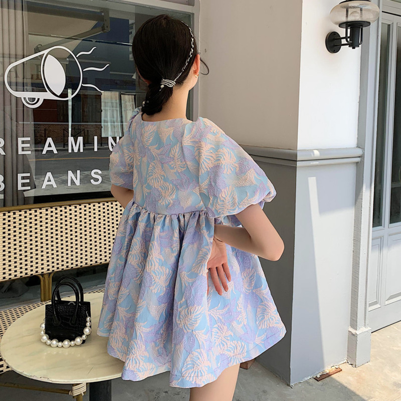 Women Dress Puff Sleeve Square Collar Printing A-line Sweet Female Termperament Fashion Summer 2H284 210526