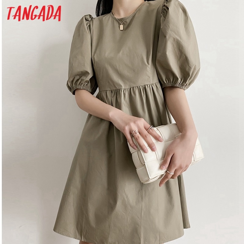 Women Khaki Summer O Neck Puff Short Sleeve Back Zipper Ladies Mini Dress Vestidos AI44 210416