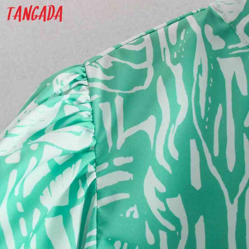 Women Retro Green Print Blouse Long Sleeve Stand Collar Female Casual Loose Shirt Blusas Femininas CE129 210416