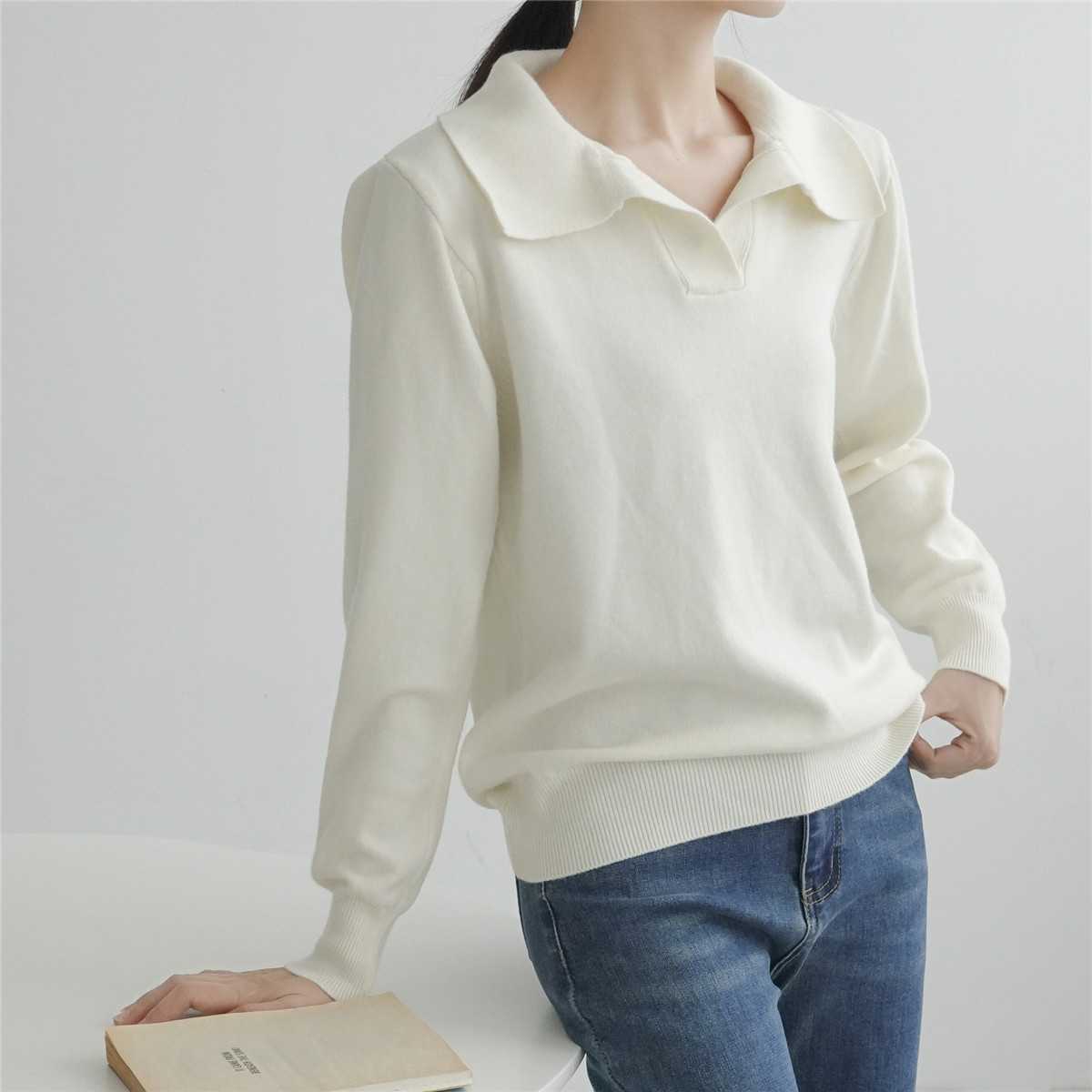 Autumn Casual Lapel Knitted Long Sleeve Top Women's Jumper Solid Color V-Neck Pullovers Sweater Female Clothing 211011Z