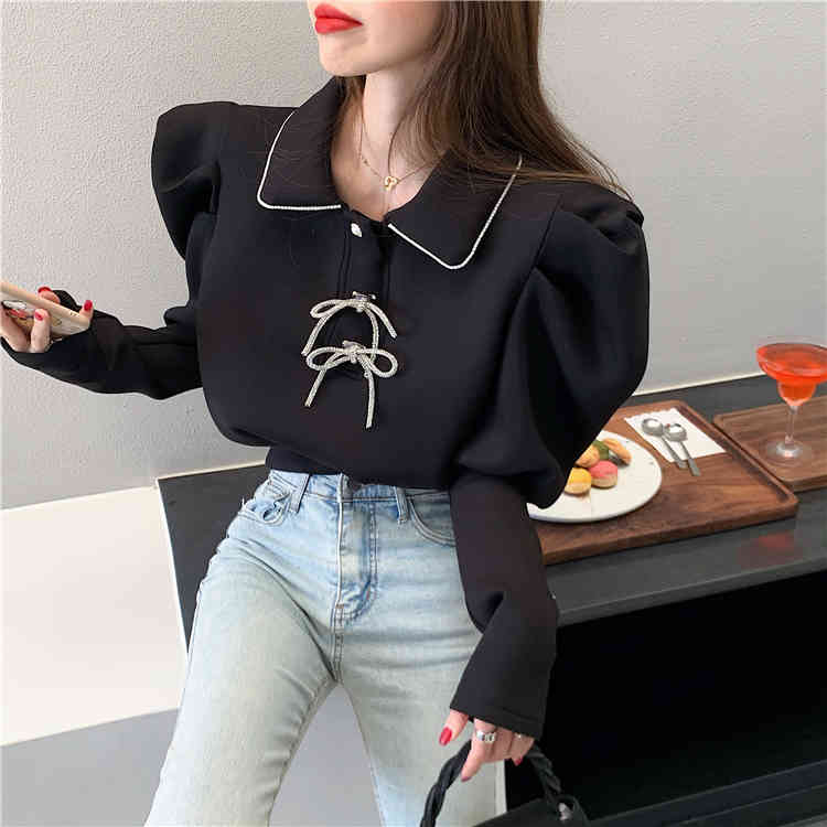 Nomikuma Korean Puff Sleeve Women Blouse Elegant Turn-down Collar Top Blusa Femme Spring New Blingbling Bowknot Shirt 6E186 210427