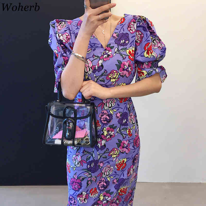 Summer Dresses Print Floral Bandage V Neck Sexy Bodycon Vestidos Short Puff Sleeve Sweet Beach Style Robes Femme 210519