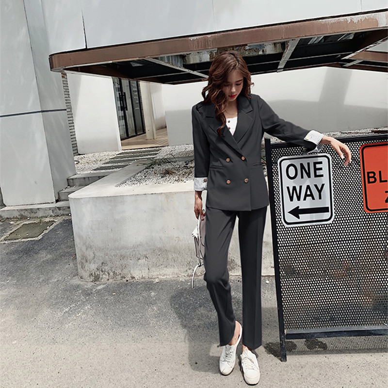 OL Women Suit Office Blazer & Pants Lady Double Breasted Jacket Pant Suits Uniform Formal Femme 2 Pieces set 210421