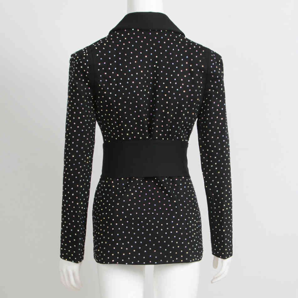 Free Autumn Arrival Diamond Shiny Blazer Black Women's Sexy Deep V Neck Long Sleeve Slim Lace-Up 210524