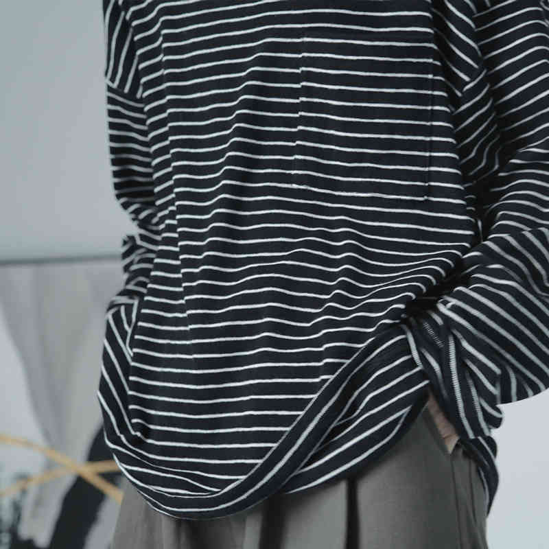 IEFB Men's Black White Stripe Cassic Comfortable T-shirt Customized Woven O-neck Long Sleeve Causal Loose Basic Tops 9Y4928 210524