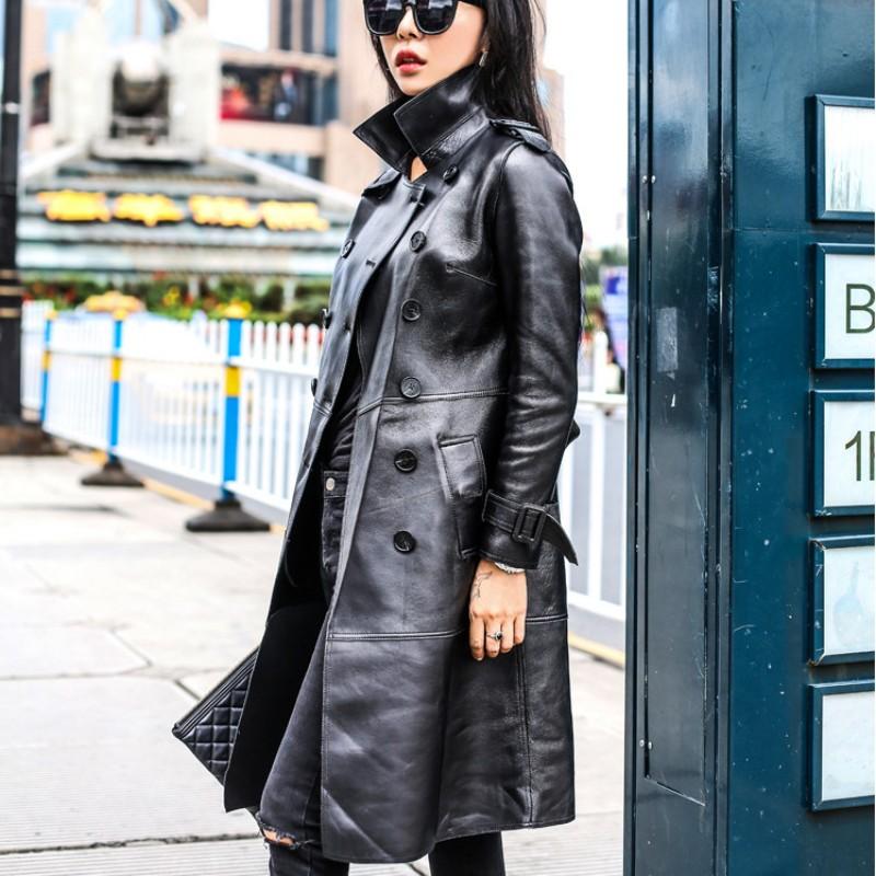 Sheepskin Office Ladies Long Jacket Belted Double Breasted Women Trench Coat Slim Fit Genuine Leather Windbreaker Outwear Women's & Faux