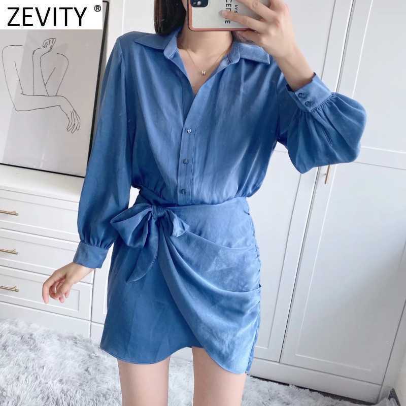 Zevity Women Fashion Solid Color Bow Tied Decoration Casual Slim Shirt Dress Office Lady Chic Breasted Business Vestidos DS8139 210630