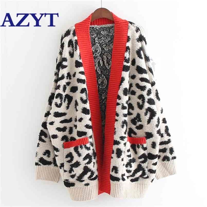 Open Stitch Leopard Casual Cardigans Women Fashion Long Sweater and Red Yellow Oversized Knit Jacket Out Coat 210914