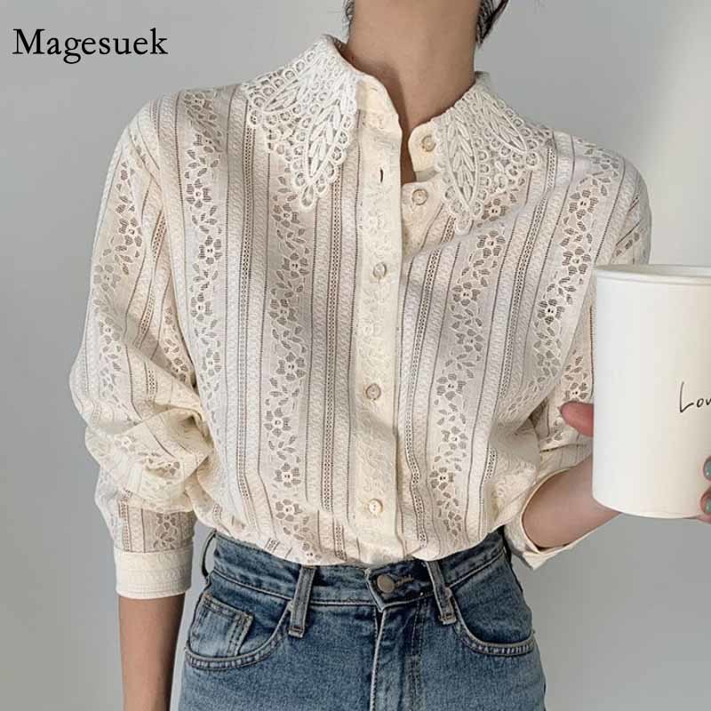Turn-down Collar Embroidery Lace Women's Blouse Casual Long Sleeve Button Loose Shirt Tops Vintage Elegant Blouses 12722 210512