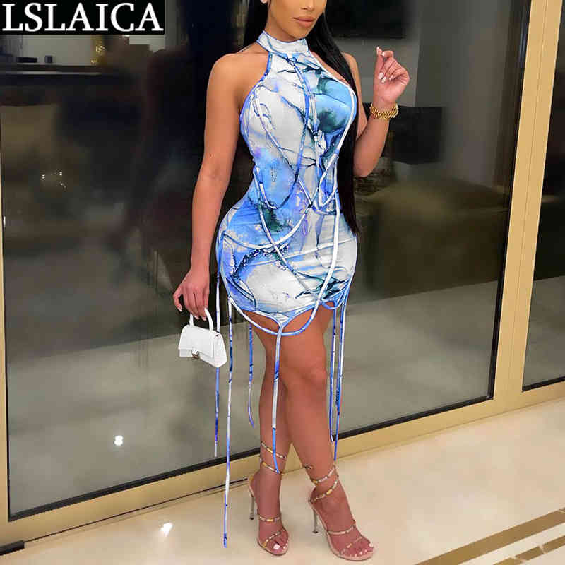 Dresses for Womem Sleeveless Print High Waist Criss-cross Sexy Party Night Club Dress Sex Mini Summer 210515