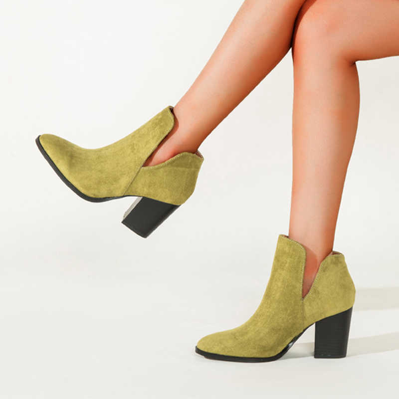 Women's Ankle Boots V Shaped Pointed Toe Women Booties 2021 New Ladies Flock Solid Color Thick Heels Footwear Autumn Plus Size Y0914