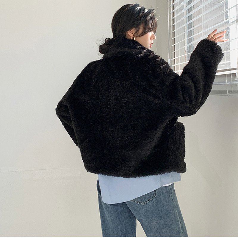 Autumn Winter OL Single-breasted Faux Rabbit Fur Jacket Women Outwear Solid Loose Lapel Thick Warm Plush Coat Female 210421