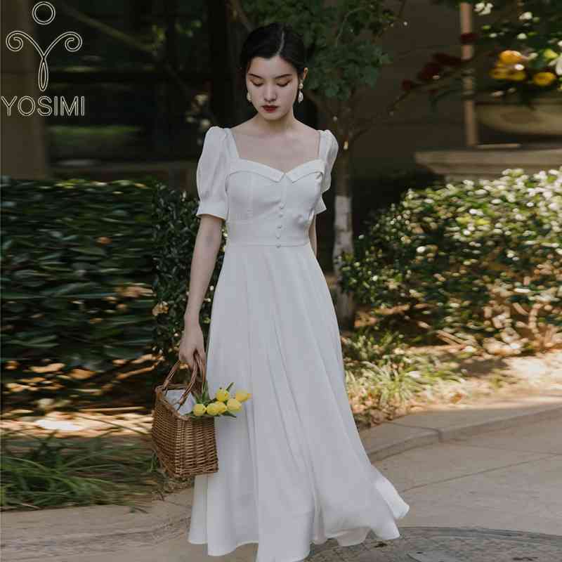 

YOSIMI White Chiffon Dres Elegant Summer A-Line Mid-calf Short Puff Sleeve Lady Fit and Flare Strapless Party 210604