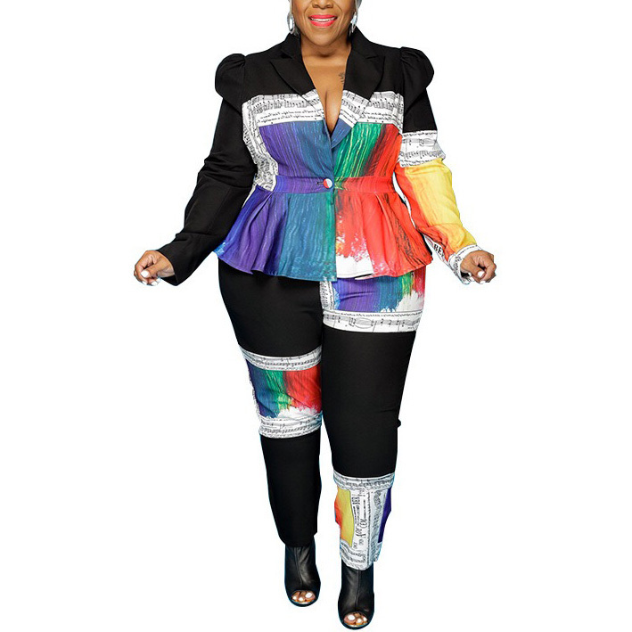 4xl 5xl Plus Size 2 Pieces Sets Womens Outfits Color Block Tops & Pencil Pants Fashion Elegant Clothes Two Matching 210510