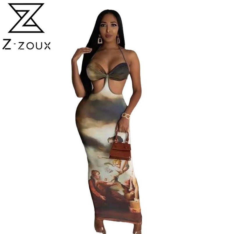 Women Dress Sleeveless Hollow Out Print Dresses Irregular Vintage Sexy Long Summer For 210513