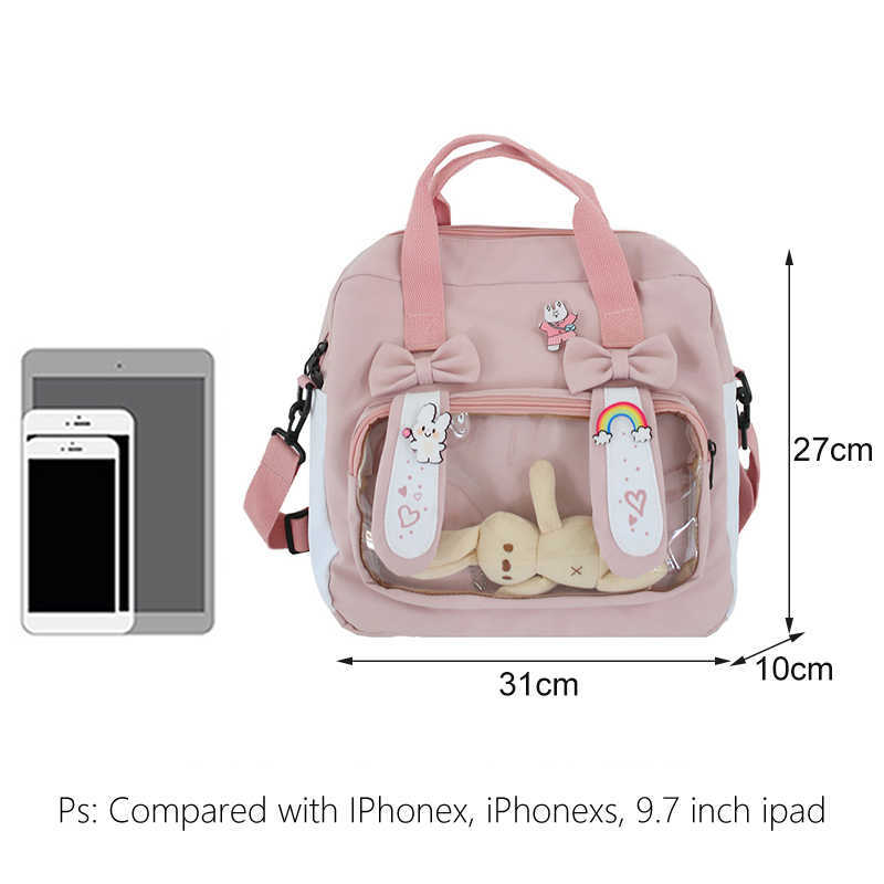 Bunny Ita Bag Backpack Cute Rabbit Ears Shoulder Kawaii Girls Pink with PVC Transprent Pocket Clear Itabag H219 211009
