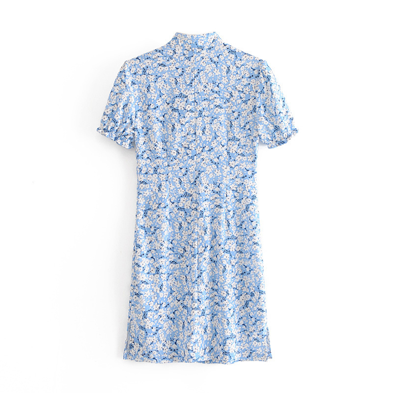 Sweet Women Blue Floral Pearl button Dress Summer Fashion Ladies Elegant Vintage Female cheongsam Mini 210515