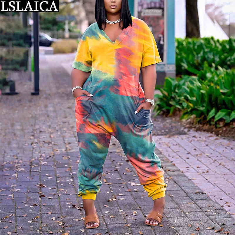 Summer Women's Clothing Jumpsuit Female Short Sleeve V Neck Tie Dye Print Plus Size Romper S-5XL Casual 210515