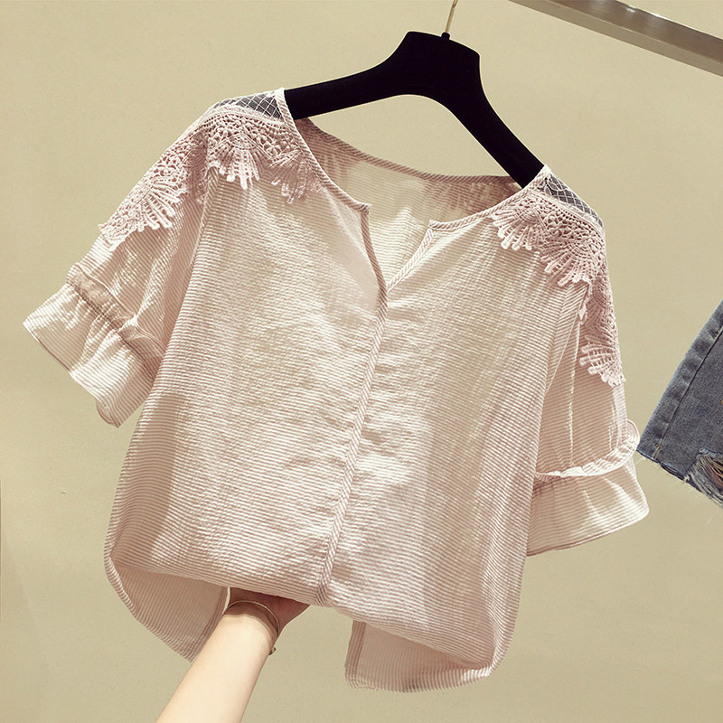 Solid Short Sleeve Lace White Shirt Korean Womens Tops and Blouses Blusas Mujer De Moda Loose Office Lady Clothes 9901 210506