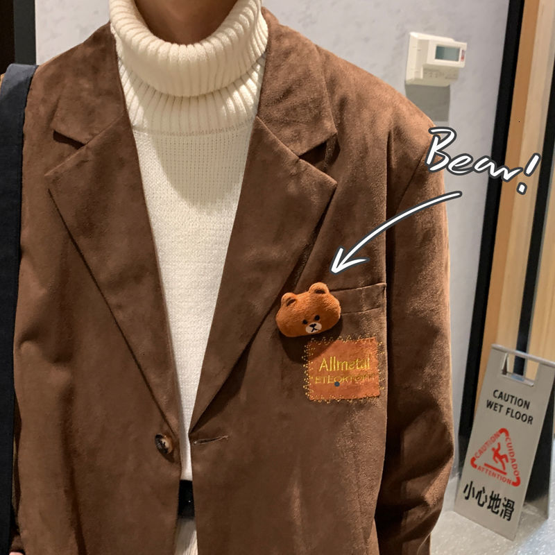 Casual Oversize Jackets: Printed Bear Graphic Loose Korean Style Suit Coat For Men And Women