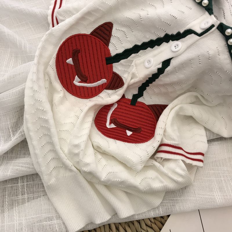 Summer Korean Women's Lapel Beaded Cherry Knit Sweater Fashion Pullover Embroidery Short Sleeve 210506