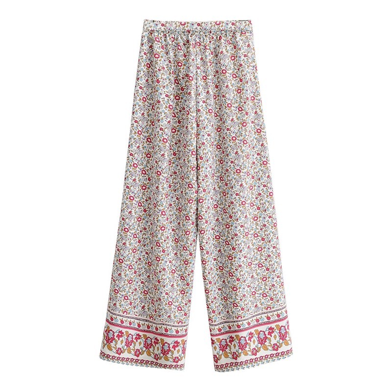 Holiday Elastic Hem Floral Print Bra Tank Top Crop Sexy Women Tie Bow Sashes Wide Leg Pants Ruched Camis 2 Pieces Set 210429
