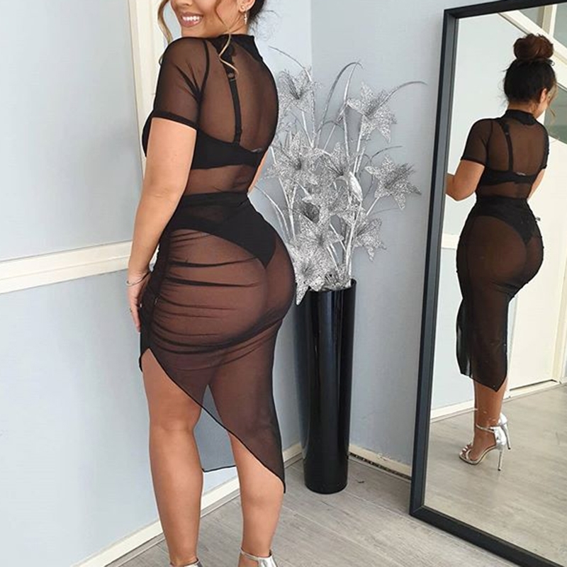 Summer Sexy Women's Black Mesh Transparent Irregular Dresses Pleated Split Short Sleeve Sheer Sundress Fits Vestidos 210623
