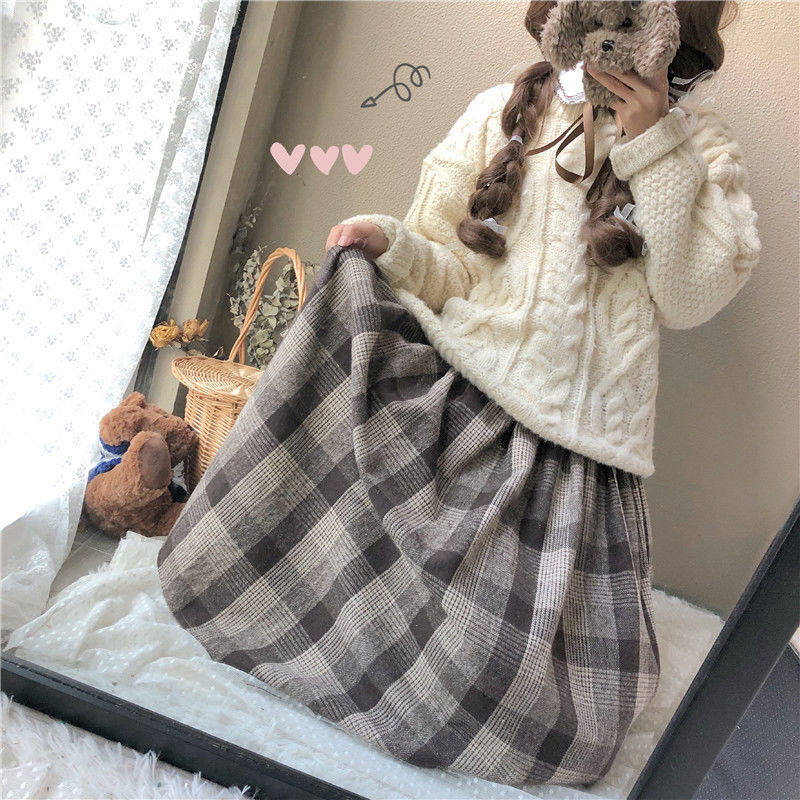 High Waist Vintage Plaid Midi Skirts Saia Mori Girl Cute Pleated Skirts Lolita Autumn Winter Women Skirt 210408