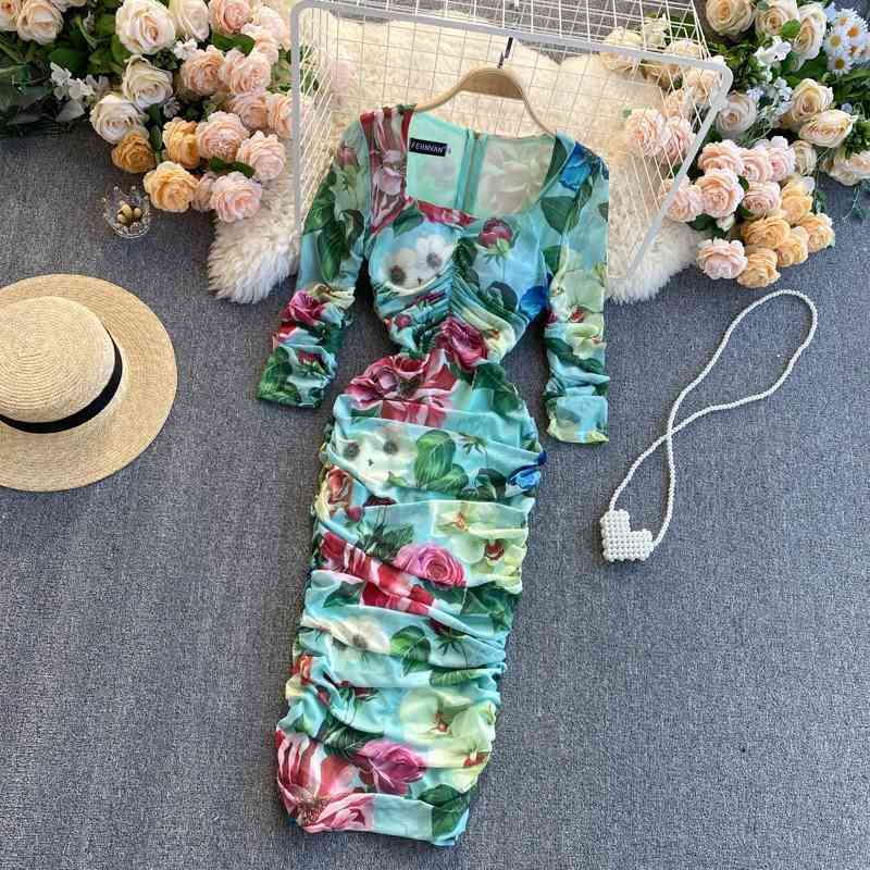 Pleated Floral Print Woman Maxi Dress Summer Elegant Party Lady Vestidos Women Sexy Pencil Long Dresses Robes 210519
