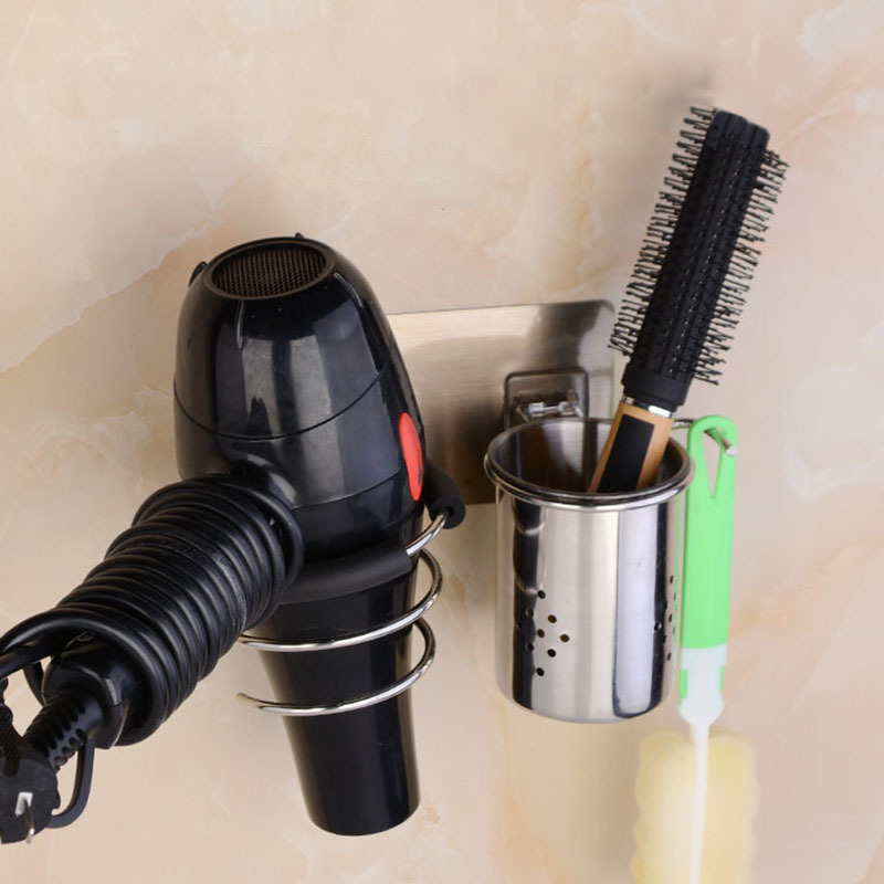 1Pcs Adhesive Blower Organizer No Drilling Stainless Steel Wall Mounted For Bathroom Waterproof Hair Dryer Holder Spiral Stand