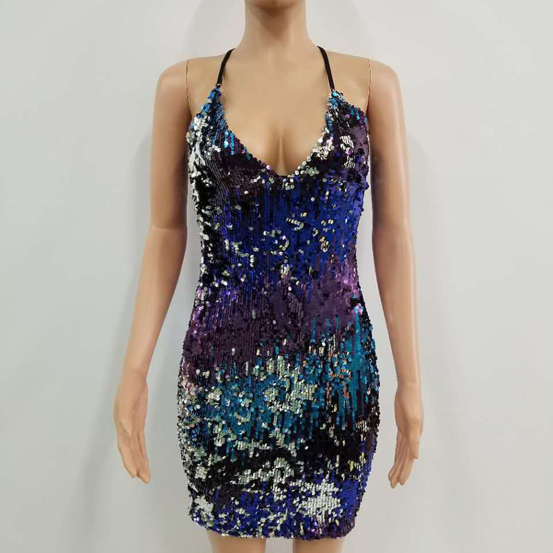 Sequins Spaghetti Strap Sexy Party Dress Woman V-Neck Sleeveless Backless Cotton Dress Women Mini Ladies Summer Dresses 210419