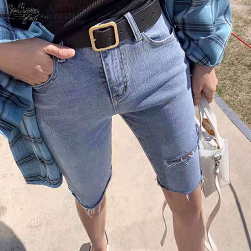 Summer Blue Denim Shorts Streetwear Elastic Jeans Women Ripped for Skinny Lady Knee Length Pants Spodenki 10420 210508