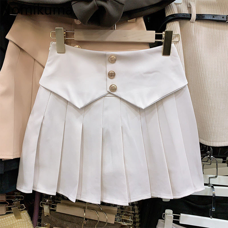 Nomikuma High Waist Buttons Korean Pleated A-line Mini Skirts New Causal Women Skirt Fashion Elegant Mujer Faldas 6E519 210427