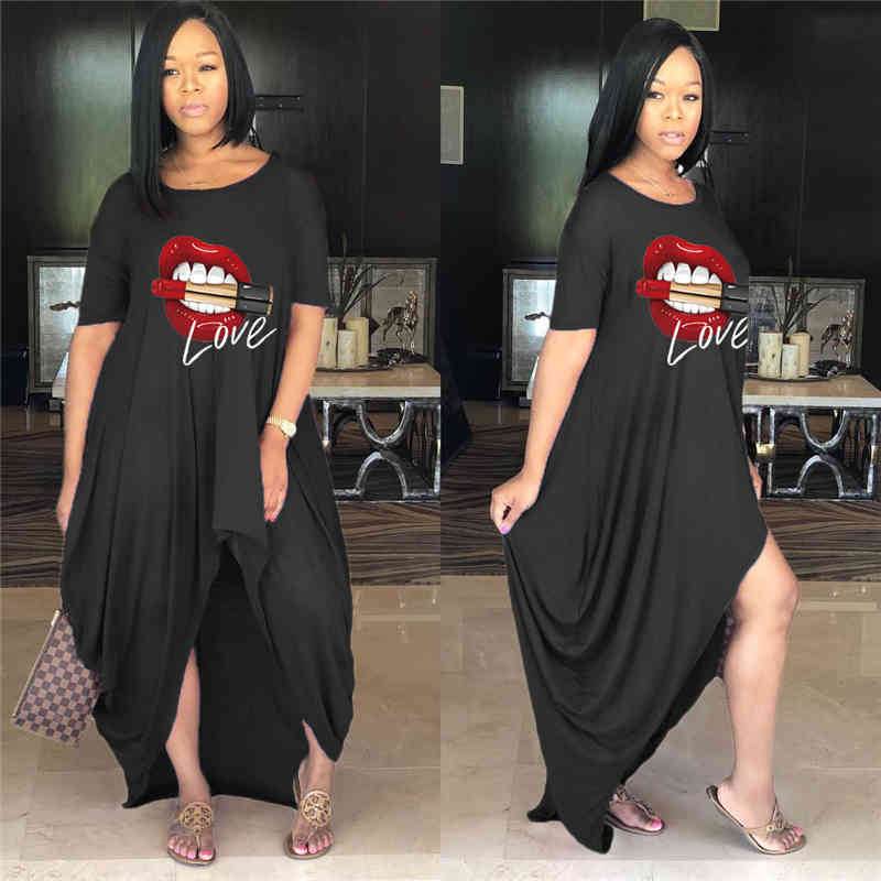 Dress Women Plus Size Summer Crewneck Short Sleeve Tshirt Dress Streetwear Irregular Casual Long Dress Wholesale Dropshipping 210409