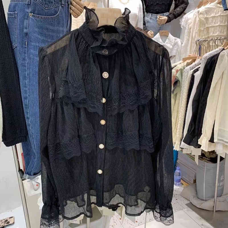 Fashion Lace Chiffon Bouse Spring Korean Chic Turtleneck Long Sleeve Shirt Women Ruffles Button Ladies Tops 12947 210506