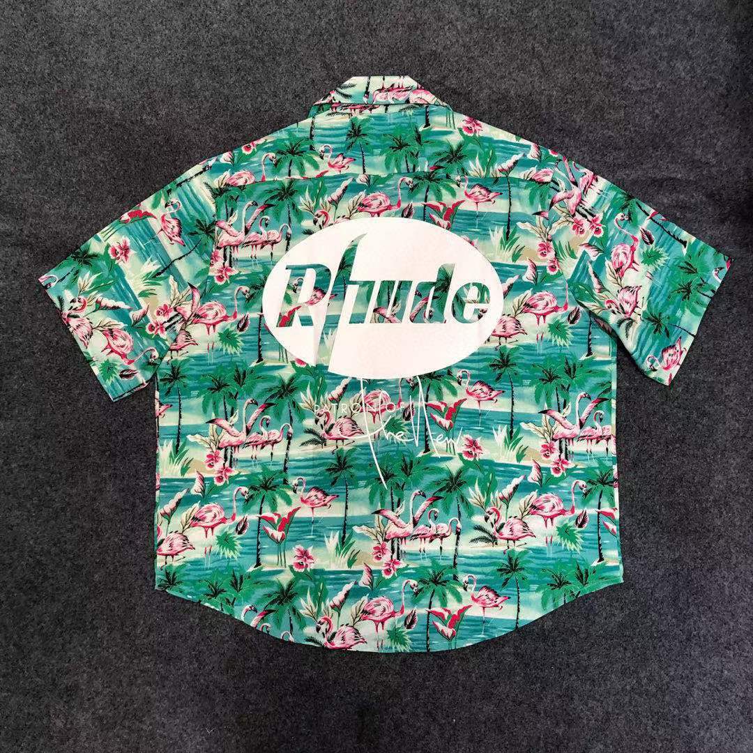 High version rhude x patro New York couple Hawaii Flamingo Mint short sleeve shirt, White;black