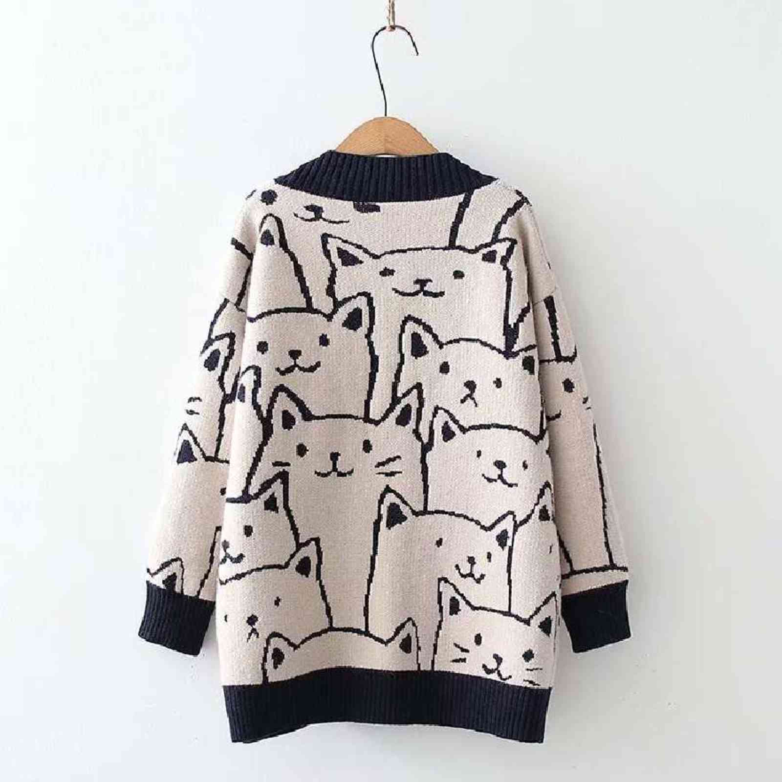 Fashion Cartoon V-neck Cardigan Sweater Women Autumn Winter Cute Cat Retro Professional Long-sleeved Knitted Coat 211117