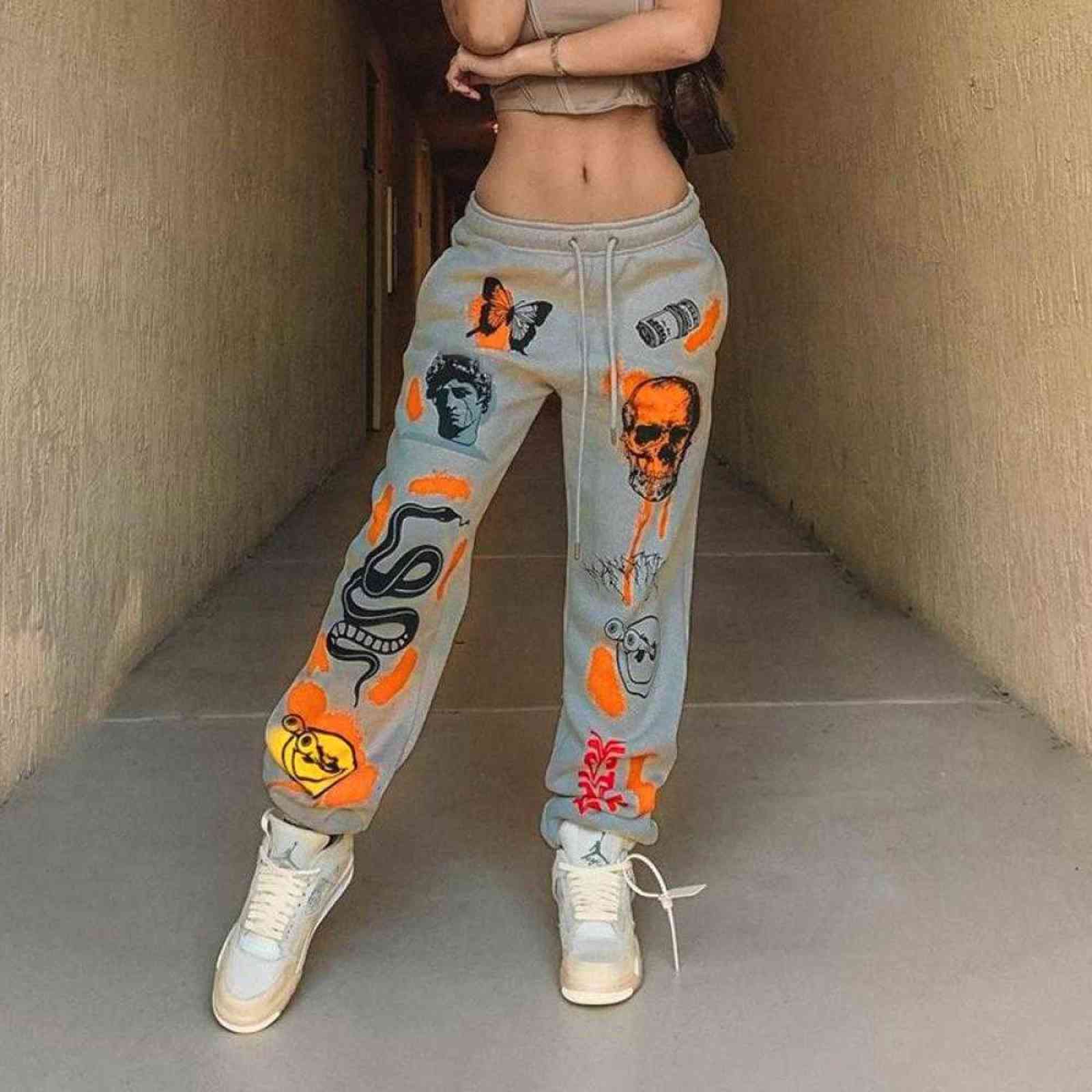 Y2K Women Sweat Pant Harajuku Cartoon Printed Trousers E-girl Jogger Drawstring Cargo Streetwear Hip Hop Casual Sweatpant 211115