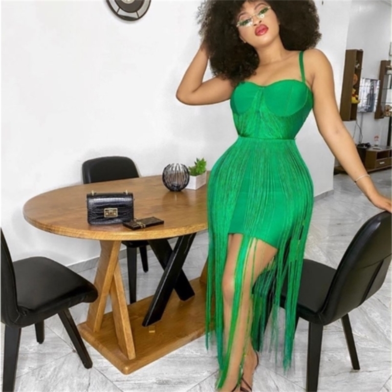 New Fashion High Quality Yellow Black Tassel Rayon Long Bandage Dress Celebrity Evening Party Dress 210409