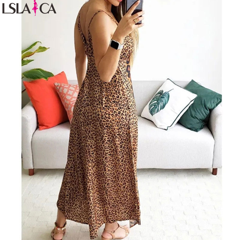 Sling Leopard Sexy Women Dress Print Butterfly V Neck Sleeveless Maxi Chiffon Elegant Prty Beach Vestidos 210515