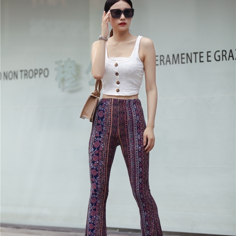 Ethnic Geometric Striped Floral Print Flare Pants Women Bohemian Tribal African Hippie Bell Leggings Bottom Long Trousers 210429