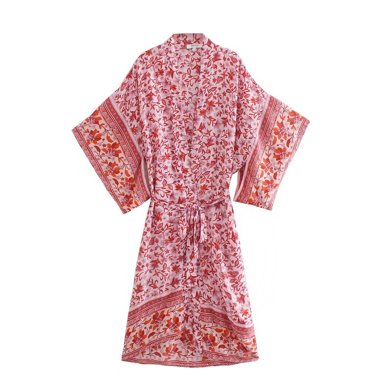 BOHO Location Floral Print Long Kimono Shirt Green Hippie Women Tie Bow Sashes Cardigan Loose Blouse Tops Holiday 210429