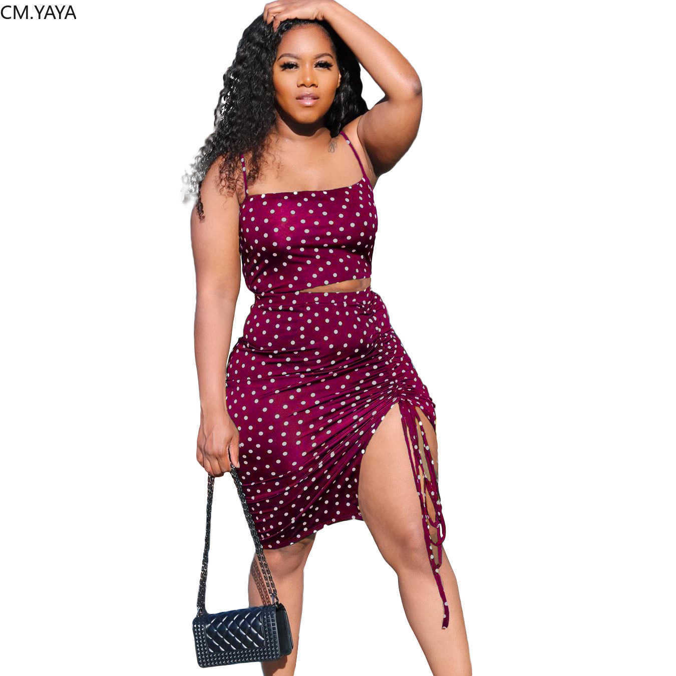CM.YAYA Women Dot Two Piece Set Spaghetti Strap Crop Top High Split Stacked Skirts Suit Tracksuit Matching Set Bodycon Dress 210708