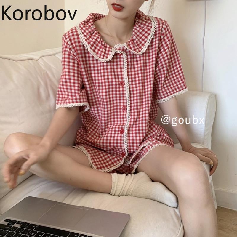 Korobov Women Striped Short Sleeve Turn-Down Collar Blouses And High Waist Elastics Shorts 2 Pieces Sets Sweet Pockets Suits Two Piece Dress